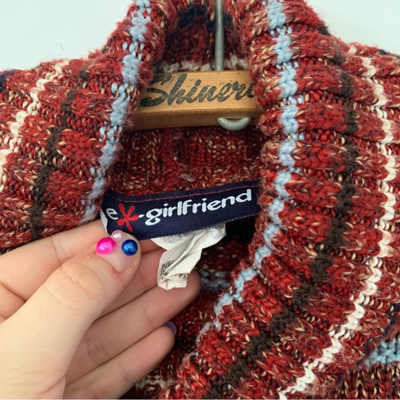 Y2K Stripped Turtleneck Sweater Blue and Burgundy ex-girlfriend made in canada - Picture 4 of 4